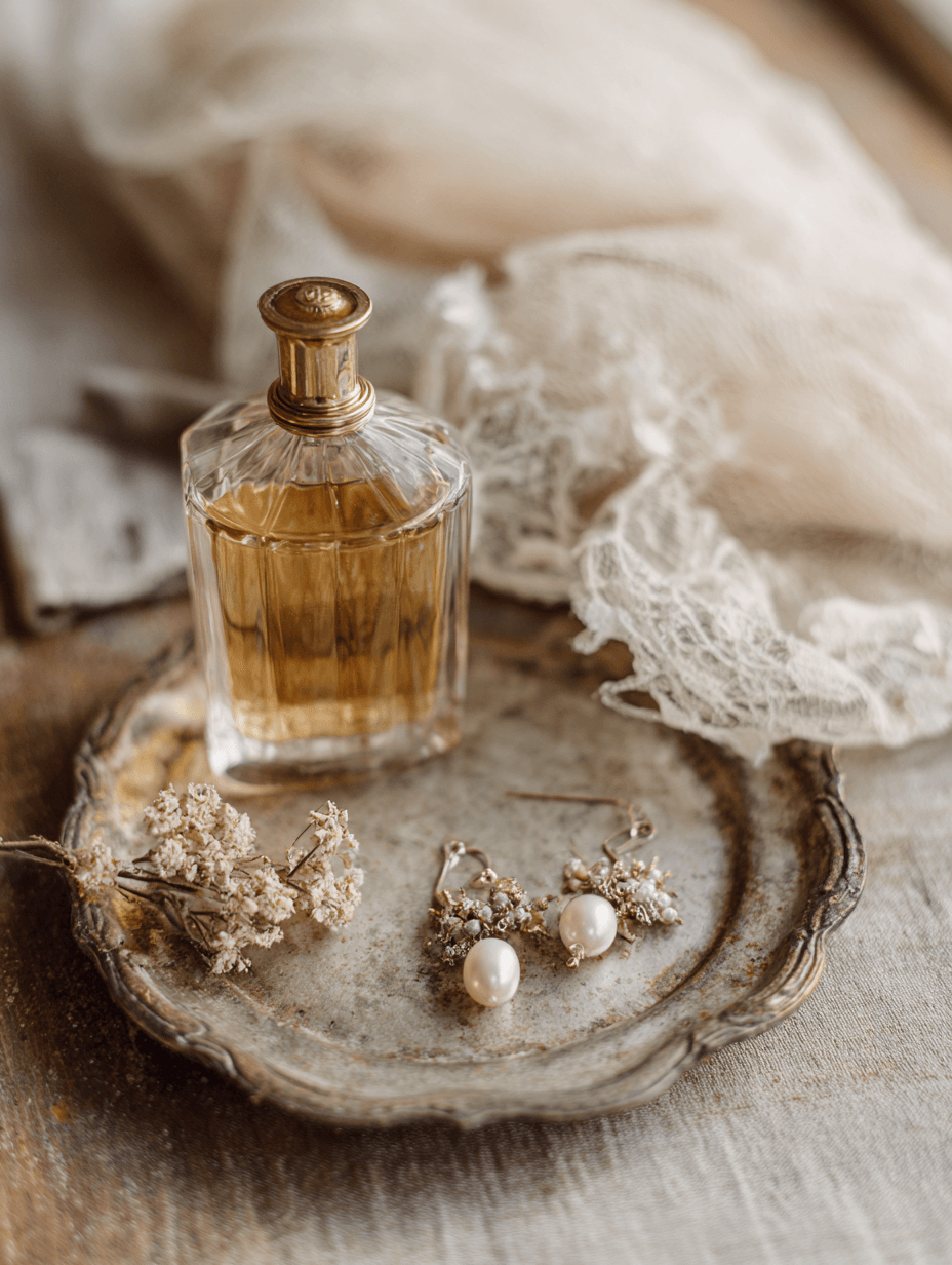 Gold and pearl bridal earrings on an antique tray, heirloom wedding details and archival care