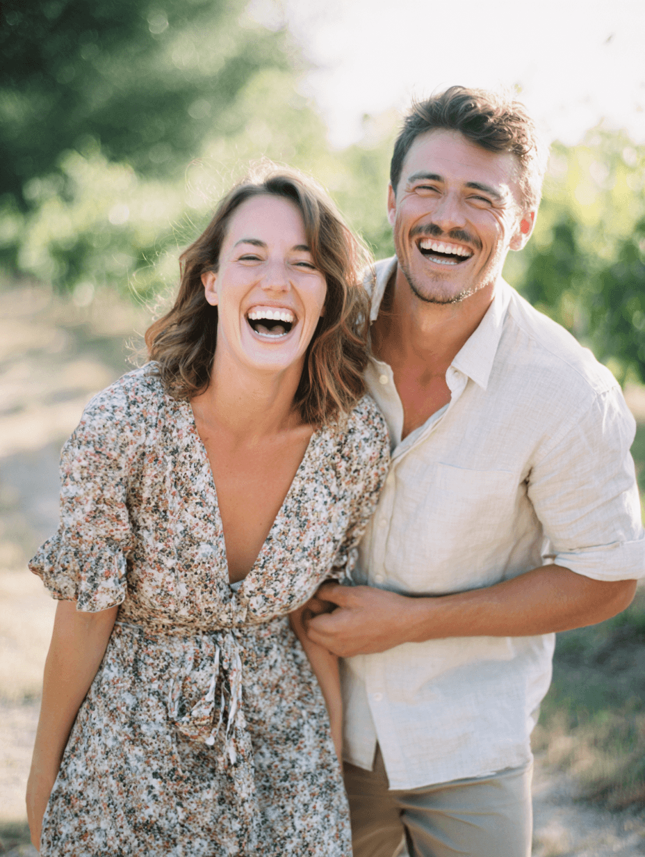 Couple bursting into laughter during a golden-hour engagement portrait, Michigan Luxury Weddings session