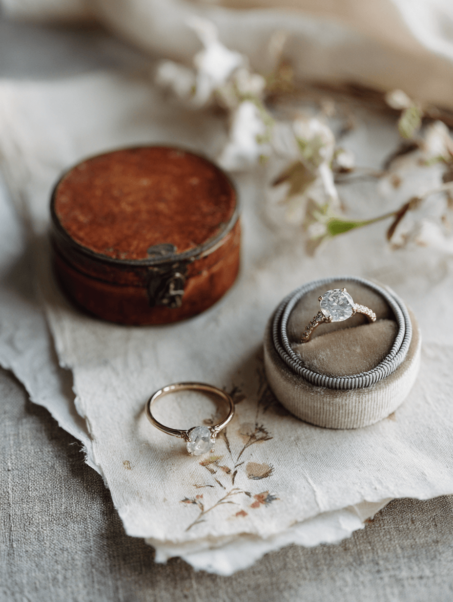 Heirloom engagement rings in an antique velvet box on hand-pressed stationery, Michigan luxury wedding flat lay
