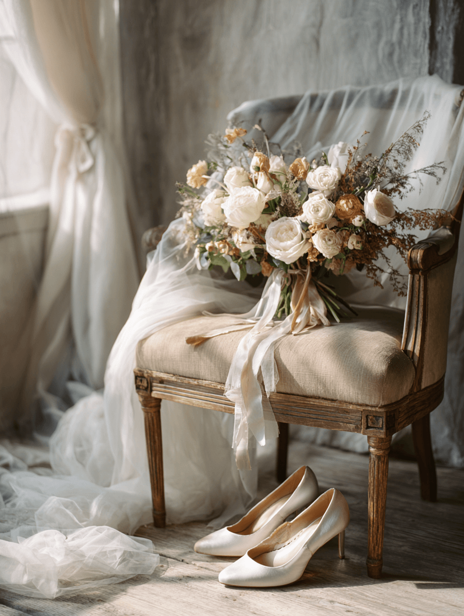 Bridal shoes and bouquet resting on a vintage velvet chair, luxury wedding detail