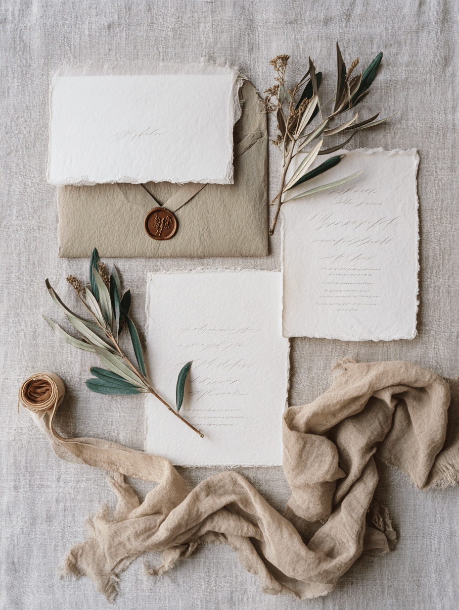 Invitation suite with wax seal on handmade paper, designing a wedding welcome table