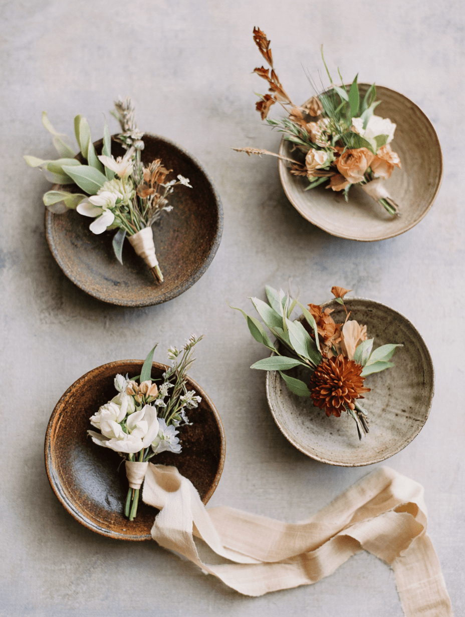 Quiet floral arrangement in a handmade ceramic tray, Michigan Luxury Weddings engagement detail