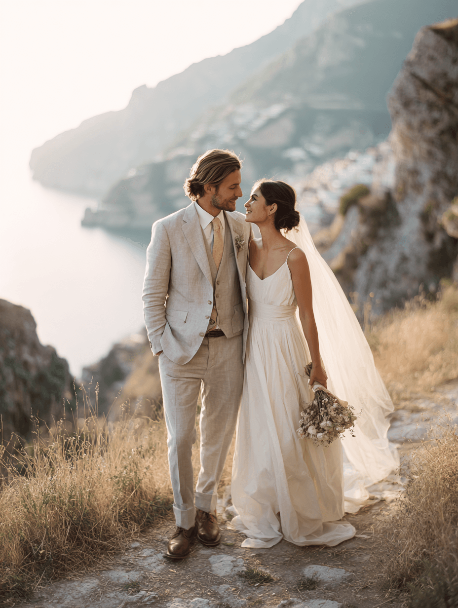 Bride and groom hand in hand on a sunlit coastal cliff, Michigan luxury wedding by Michigan Luxury Weddings