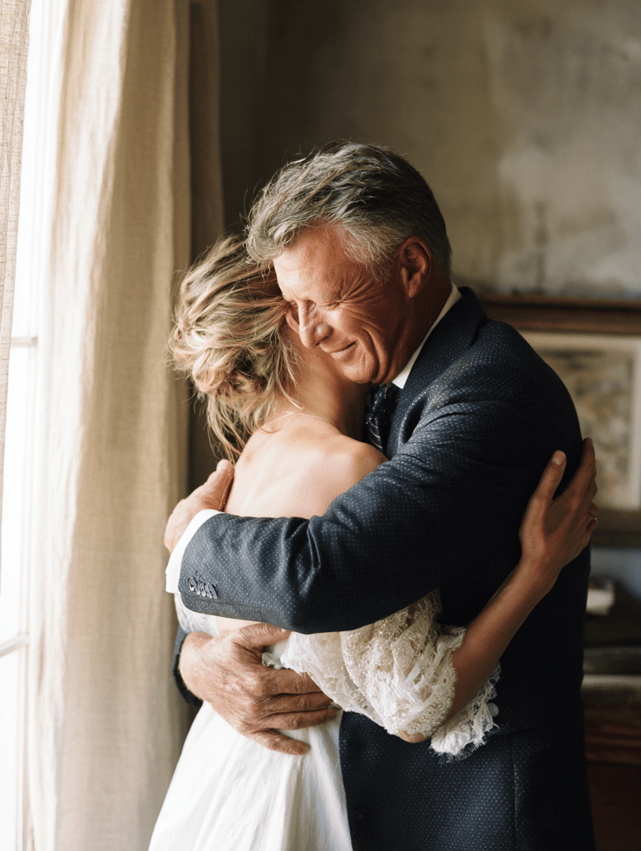 Father of the bride embracing his daughter before walking down the aisle, candid wedding moment