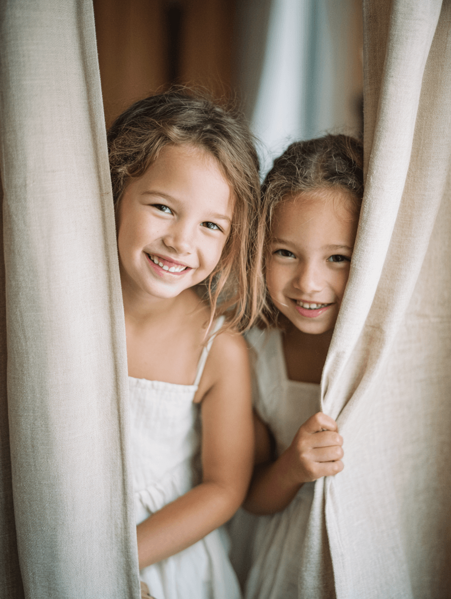 Flower girls peeking from behind a curtain before the ceremony begins, luxury wedding candid