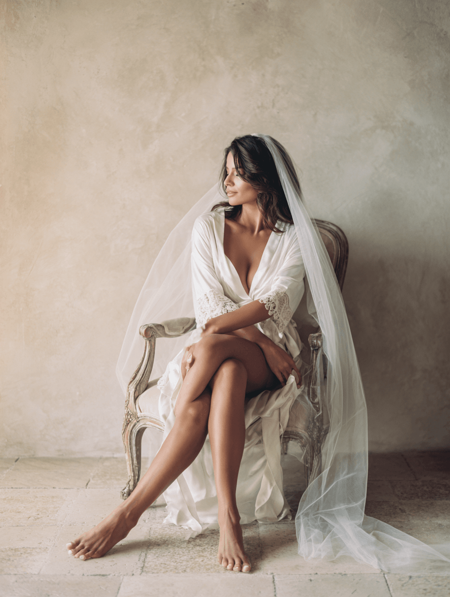 Portrait of a partner seated on a vintage chair in soft morning light, engagement editorial