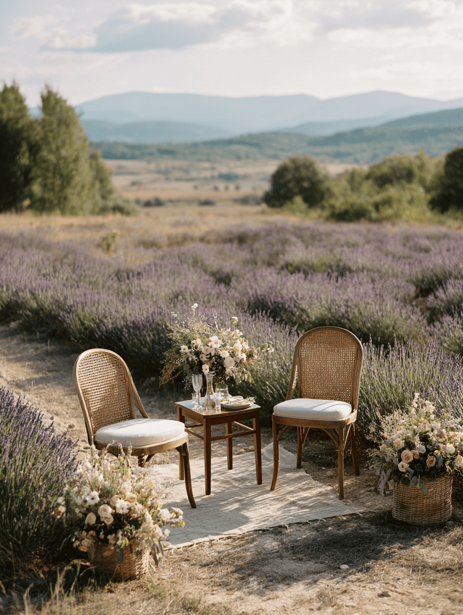 Open-air ceremony with guests seated in a lavender field, luxury wedding photography