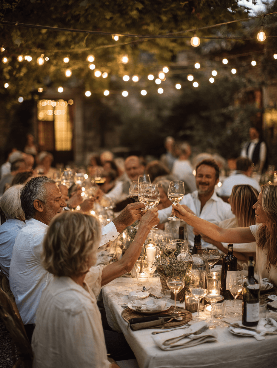 Long-table reception dinner glowing under string lights, luxury wedding reception