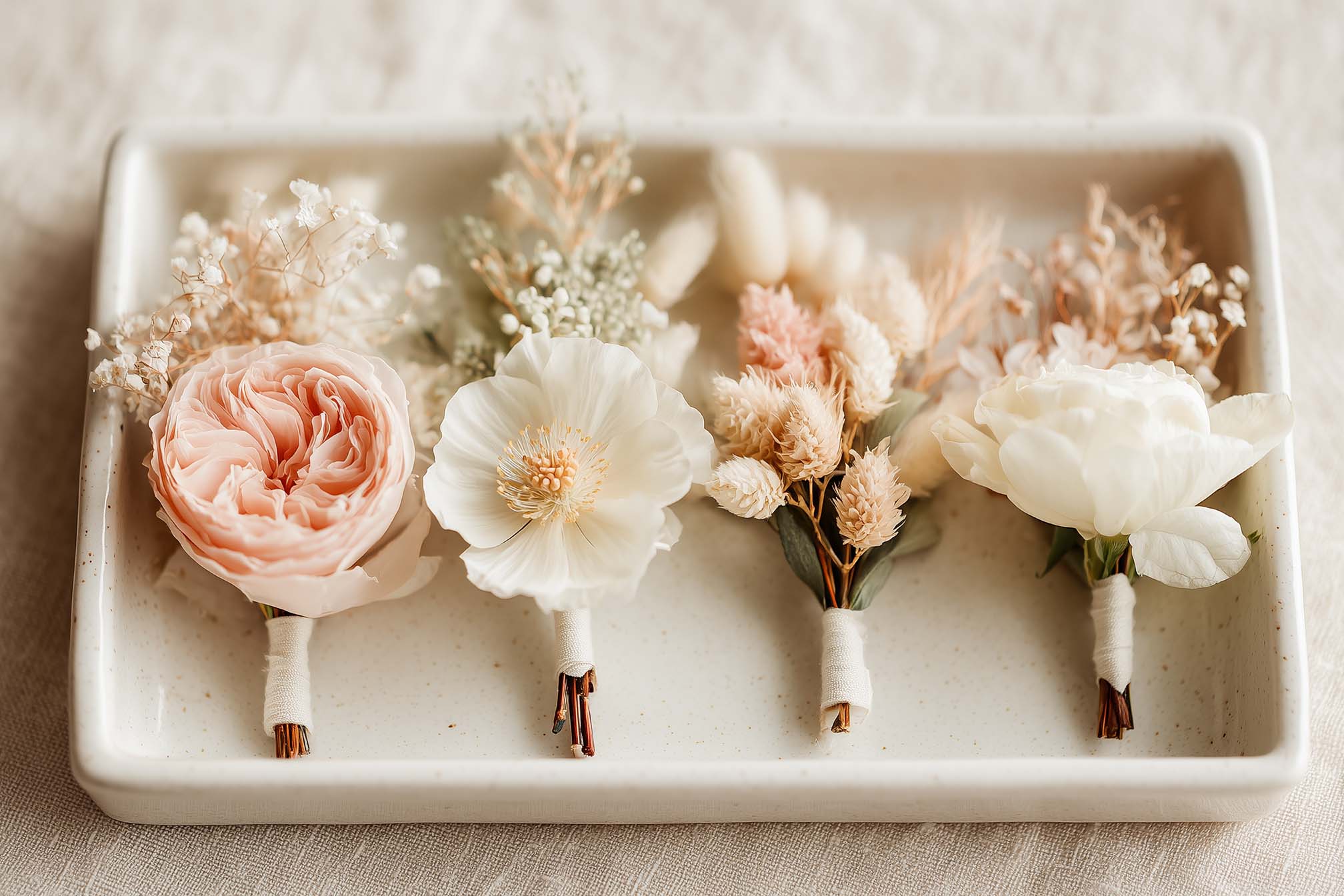 Garden rose boutonnières arranged on a handmade ceramic tray, editorial wedding florals