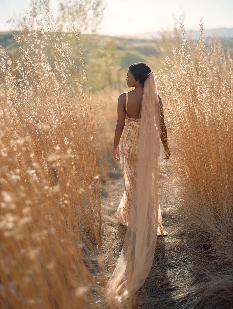 Fine art bride in a blush floral gown walking through golden prairie grass at sunset with a trailing tulle cathedral veil