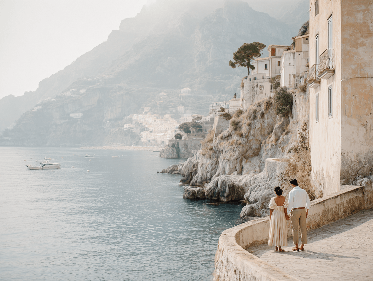 Sweeping coastal cliffside captured from above at golden hour, destination wedding editorial