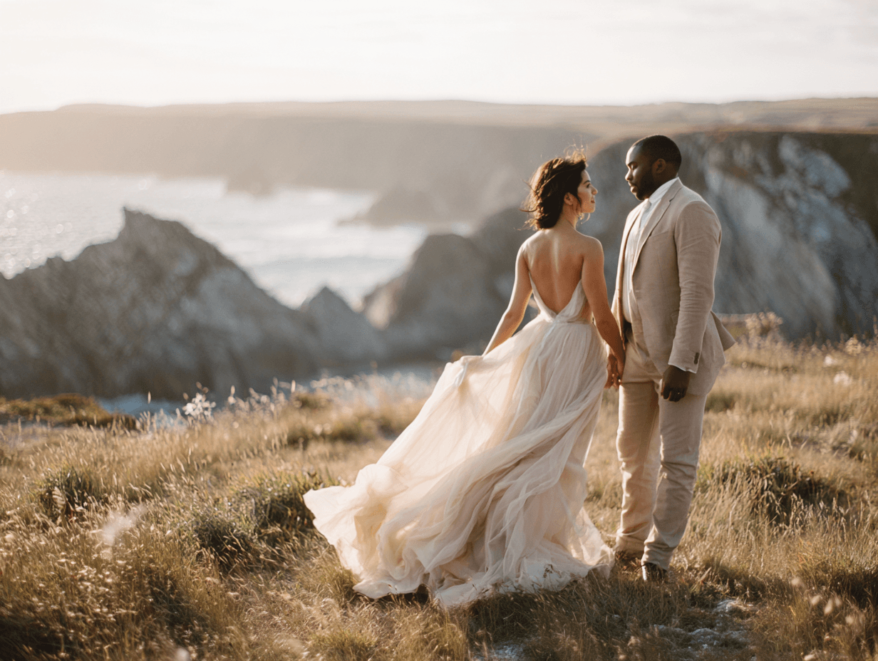 Bride in flowing gown on windswept seaside cliffs, Michigan luxury wedding portrait