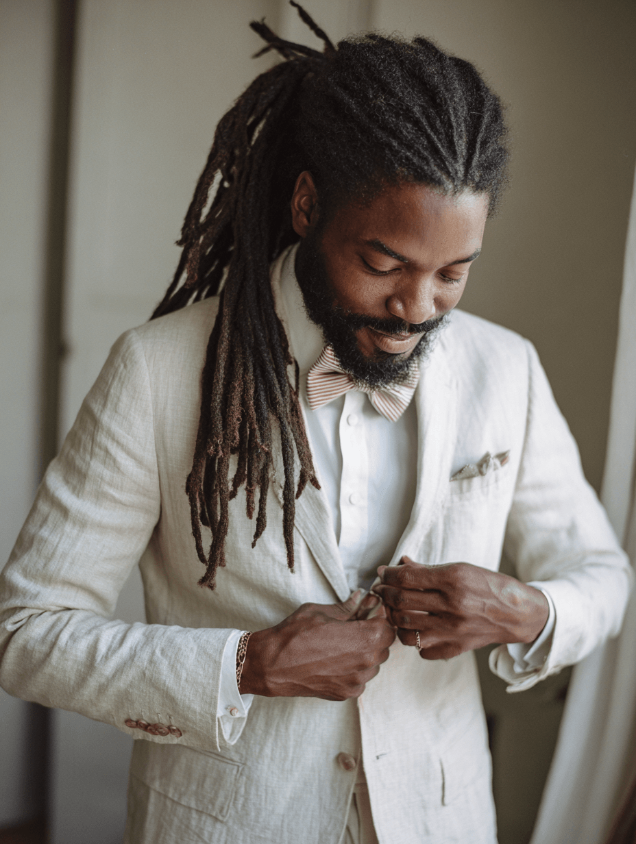 Partner tying a bow tie in warm backlit light, editorial engagement portrait